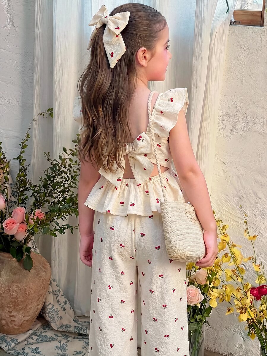 Emery Rose Kids Emery Rose Kids 2件組少女櫻花花卉荷葉袖上衣與寬鬆休閒長褲,夏季,套裝,家庭度假復古風格兒童服裝套裝 - 紅色 - 查看 1