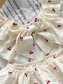 Emery Rose Kids Emery Rose Kids 2件組少女櫻花花卉荷葉袖上衣與寬鬆休閒長褲，夏季，套裝，家庭度假復古風格兒童服裝套裝 - 紅色 - 查看 3