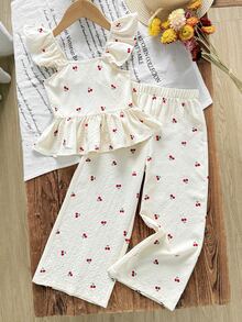 Emery Rose Kids Emery Rose Kids 2件組少女櫻花花卉荷葉袖上衣與寬鬆休閒長褲，夏季，套裝，家庭度假復古風格兒童服裝套裝 - 紅色 - 查看 7