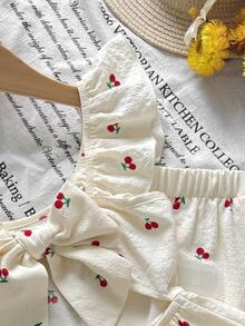 Emery Rose Kids Emery Rose Kids 2件組少女櫻花花卉荷葉袖上衣與寬鬆休閒長褲，夏季，套裝，家庭度假復古風格兒童服裝套裝 - 紅色 - 查看 4