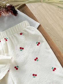 Emery Rose Kids Emery Rose Kids 2件組少女櫻花花卉荷葉袖上衣與寬鬆休閒長褲，夏季，套裝，家庭度假復古風格兒童服裝套裝 - 紅色 - 查看 5