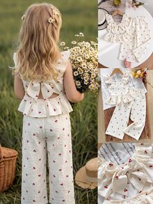 Emery Rose Kids Emery Rose Kids 2件組少女櫻花花卉荷葉袖上衣與寬鬆休閒長褲，夏季，套裝，家庭度假復古風格兒童服裝套裝 - 紅色 - 查看 11