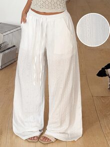 SHEIN Tween Girl Casual Everyday Versatile Comfortable Loose White Knit Wide Leg Pants Tween Girl - White - View 2