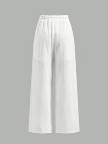 SHEIN Tween Girl Casual Everyday Versatile Comfortable Loose White Knit Wide Leg Pants Tween Girl - White - View 3