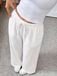 SHEIN Tween Girl Casual Everyday Versatile Comfortable Loose White Knit Wide Leg Pants Tween Girl - White - View 1