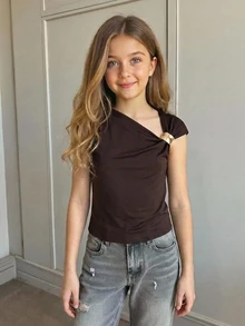 SHEIN 青少年女孩休閒日常百搭舒適修身金屬飾短版T恤 - 卡其色 - 查看 1