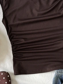 SHEIN 青少年女孩休閒日常百搭舒適修身金屬飾短版T恤 - 卡其色 - 查看 4