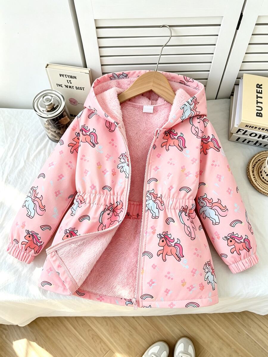 SHEIN 女童可愛印花保暖內裡加厚拉鍊開襟外套，秋冬款 - 粉色 - 查看 1
