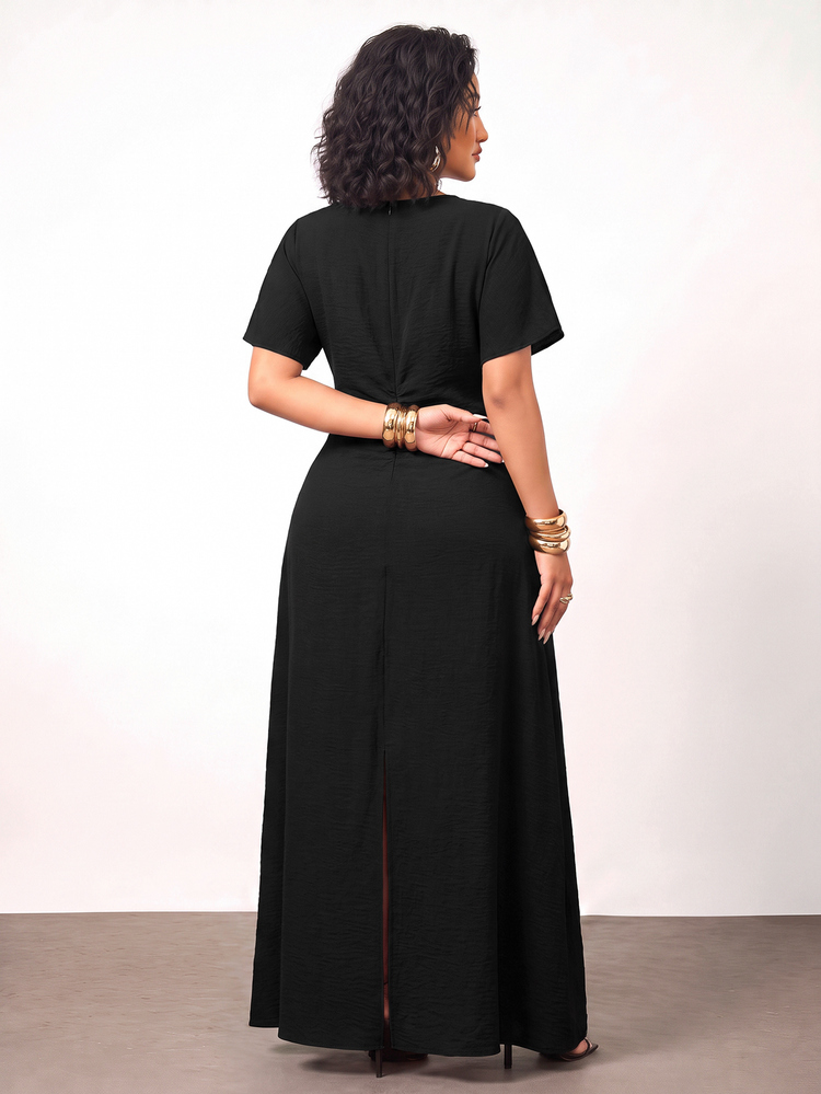 Enliva Plus Size Women's Casual Solid Color Round Neck Short Sleeve Dress, Suitable For Vacation And Work Wear, For Pear And Triangle Body Shape - Black - View 2