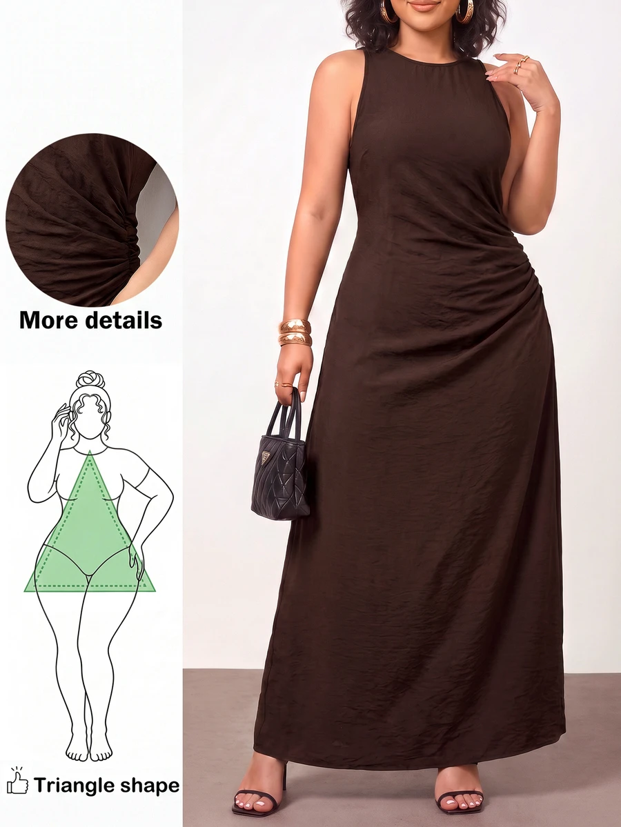 Enliva Plus Size Backless Sleeveless Ruffled Flared Waist Mini Dress – Stylish Casual Elegant Summer Party Vacation Outfit Brown - Brown - View 1