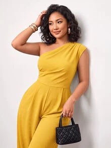 Enliva 大尺碼女款春夏新品，適合音樂節、復活節、聖派翠克節、西部風、遊牧風、生日派對、畢業季、校園風、學生穿搭、休閒日常、度假、郵輪旅行、海灘、曬日光浴，熱銷款，街頭時尚，不對稱設計，亞麻感棕色無袖連身褲，適合梨形與三角形身材 - 黃色 - 查看 3