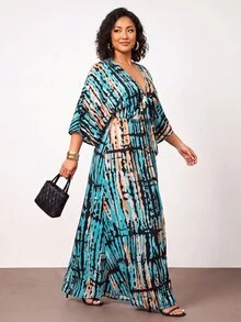 Enliva 大尺碼女款橘色波希米亞風優雅長袖洋裝，寬鬆版型，適合海灘度假，三角身型遮瑕，秋季 - 彩色 - 查看 4