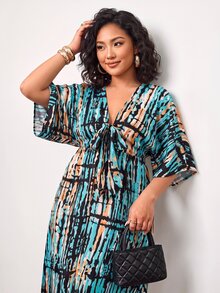 Enliva 大尺碼女款橘色波希米亞風優雅長袖洋裝，寬鬆版型，適合海灘度假，三角身型遮瑕，秋季 - 彩色 - 查看 5