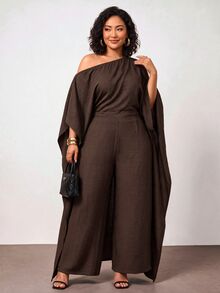 Enliva Plus-Size Brown One-Shoulder Draped Shawl Top And Wide-Leg Jumpsuit Fall - Brown - View 5