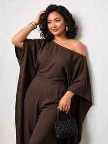 Enliva Plus-Size Brown One-Shoulder Draped Shawl Top And Wide-Leg Jumpsuit Fall - Brown - View 3