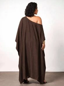 Enliva Plus-Size Brown One-Shoulder Draped Shawl Top And Wide-Leg Jumpsuit Fall - Brown - View 2