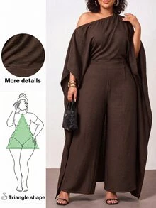 Enliva Plus-Size Brown One-Shoulder Draped Shawl Top And Wide-Leg Jumpsuit Fall - Brown - View 1