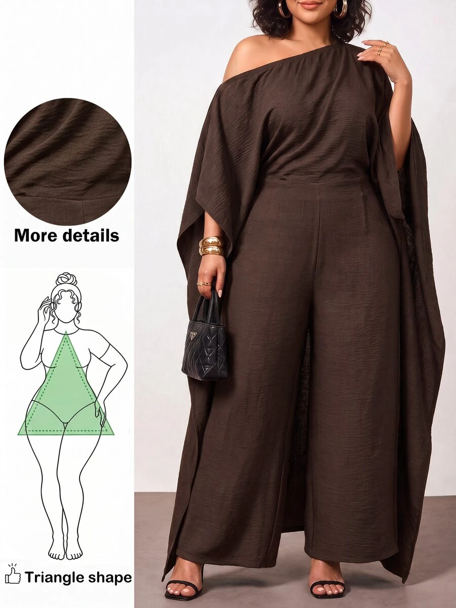 Enliva Plus-Size Brown One-Shoulder Draped Shawl Top And Wide-Leg Jumpsuit Fall - Brown - View 1