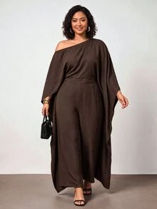 Enliva Plus-Size Brown One-Shoulder Draped Shawl Top And Wide-Leg Jumpsuit Fall - Brown - View 4