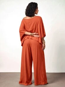 Enliva 大码女装套装，宽松腰身搭配弹力细节，适合度假、下午茶、婚礼季、海滩游轮、城市自驾游、波西米亚风假期、音乐节、海滩装、复活节、优雅装扮、节日装、音乐会服装、热带度假装、度假套装、波西米亚风格服装，适合春、夏、秋季穿着，适合梨形和三角形身材 - 棕色 - 查看 2