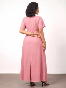 Enliva 大尺碼女款休閒極簡圓領短袖洋裝，適合度假與上班穿著 - 粉色 - 查看 2