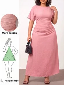 Enliva 大尺碼女款休閒極簡圓領短袖洋裝，適合度假與上班穿著 - 粉色 - 查看 1