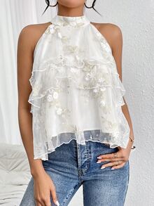 Firerie Blusa de gasa con cuello halter, volantes holgados y diseño asimétrico - Albaricoque - Ver 5