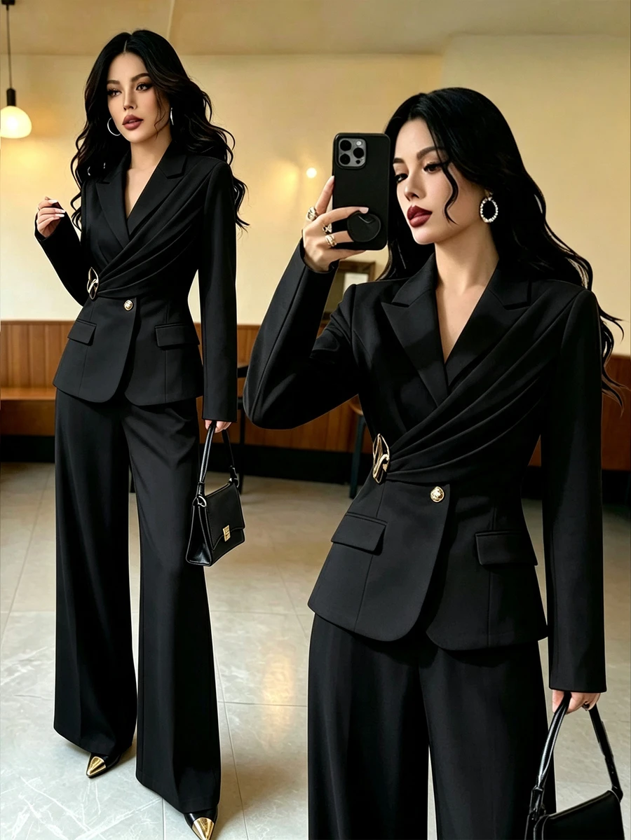 Elenzga Spring New Yellow Elegant Commuter Chic Waist Cinched Flare Pants With Decorative Button Design Women 2 Pieces Set - Black - View 1