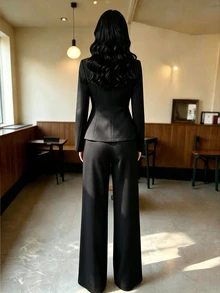 Elenzga 春季新款黄色优雅通勤时尚收腰喇叭裤，饰有纽扣设计，女式两件套 - 黑色 - 查看 2