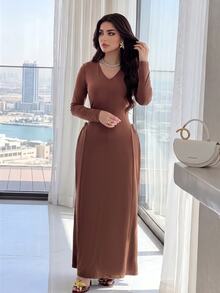 Feyla Women's Solid Color V-Neck Casual Party & Travel Long Dress - Dark Brown - View 3