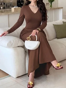 Feyla Women's Solid Color V-Neck Casual Party & Travel Long Dress - Dark Brown - View 4