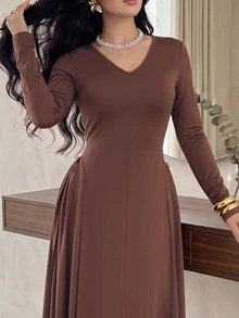 Feyla Women's Solid Color V-Neck Casual Party & Travel Long Dress - Dark Brown - View 1