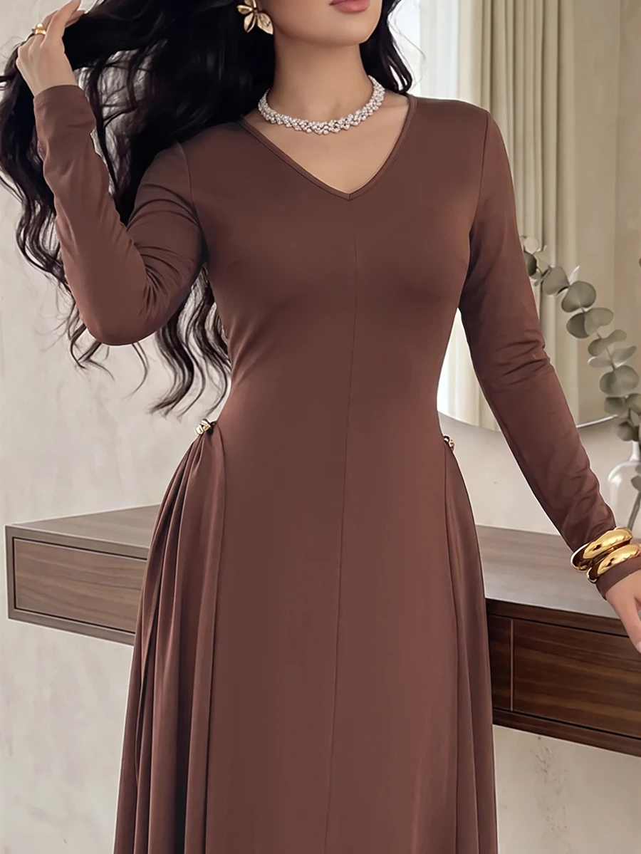 Feyla Women's Solid Color V-Neck Casual Party & Travel Long Dress - Dark Brown - View 1