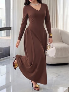 Feyla Women's Solid Color V-Neck Casual Party & Travel Long Dress - Dark Brown - View 5