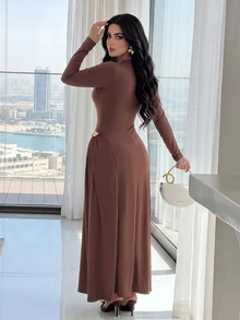 Feyla Women's Solid Color V-Neck Casual Party & Travel Long Dress - Dark Brown - View 2