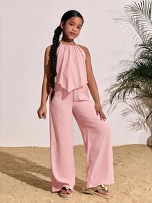 SHEIN Tween Girl Vacation Casual Woven Solid Color Halter Top And Wide Leg Pants Set - Pink - View 6