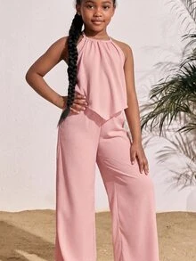 SHEIN Tween Girl Vacation Casual Woven Solid Color Halter Top And Wide Leg Pants Set - Pink - View 4