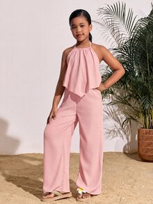 SHEIN Tween Girl Vacation Casual Woven Solid Color Halter Top And Wide Leg Pants Set - Pink - View 3