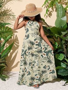 Tween Girl Casual Vacation Tropical Floral Print Criss-Cross Backless Dress - Multicolor - View 4
