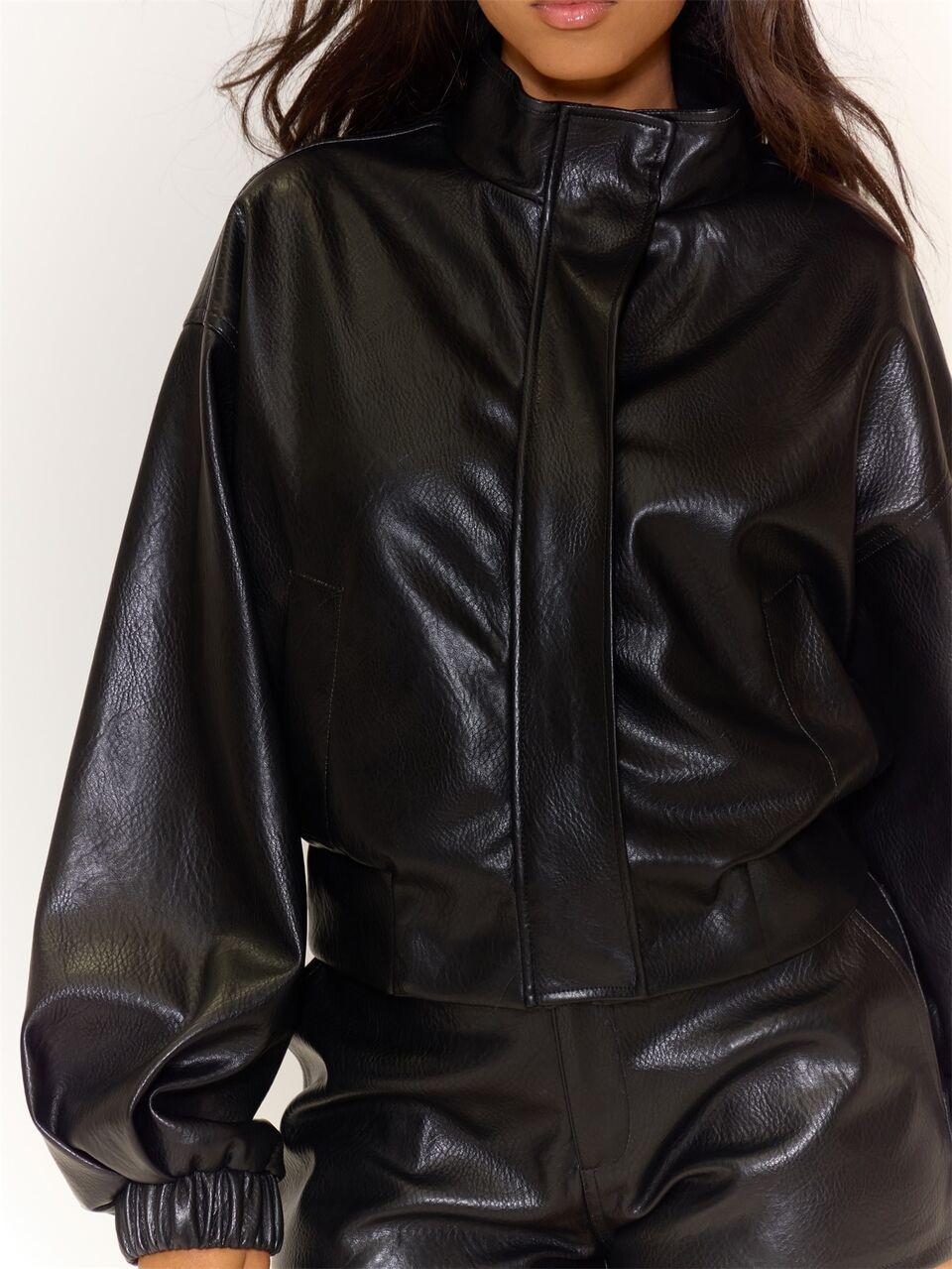 Black Faux Leather High Neck Concealed Placket Bomber Jacket