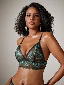 DreamPoppy 1 Set Lingerie Wanita Berenda dengan Cup Tipis dan Nyaman - Hitam - View 7