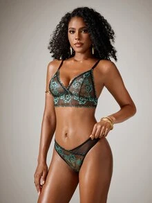 DreamPoppy 1 Set Lingerie Wanita Berenda dengan Cup Tipis dan Nyaman - Hitam - View 6
