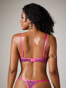 DreamPoppy Hot Pink Leopard Print Lace Mesh Lingerie Set, Criss Cross Spaghetti Strap Underwire Bra & Adjustable Strap G String Thong - Hot Pink - View 2