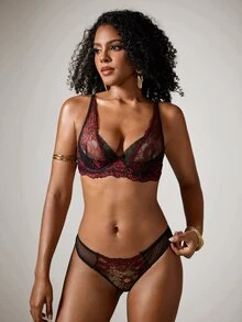 DreamPoppy Black Mesh Lingerie Set With Red Rose Floral Embroidery,V Neck Thin Adjustable Strap Underwire Bra & Matching Mesh Thong - Black - View 5