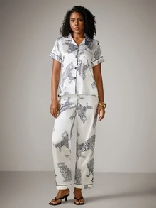 DreamPoppy 3-Piece Leopard Print Pocket Short Sleeve Top, Shorts, Pants Pajama Set For Women, Spring Summer - Multicolor - View 3