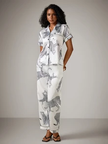 DreamPoppy 3-Piece Leopard Print Pocket Short Sleeve Top, Shorts, Pants Pajama Set For Women, Spring Summer - Multicolor - View 5