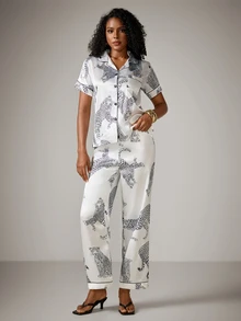 DreamPoppy 3-Piece Leopard Print Pocket Short Sleeve Top, Shorts, Pants Pajama Set For Women, Spring Summer - Multicolor - View 6