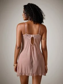 DreamPoppy 2pcs Sexy V-Neck Lace Trim Lingerie Set, Women Sexy Sleepwear, High Slit Exposed Leg Robe - Khaki - View 2