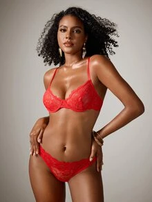 DreamPoppy 1 bộ áo ngực ren không dây màu trơn cho nữ - Đỏ - Xem 8