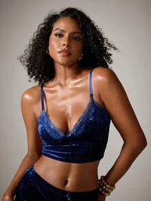 DreamPoppy 2pcs/Set Women's V-Neck Solid Color Pajama Set, Lace Trim V-Neck Halter Top With Waist Shorts, Comfortable Soft Home Sleepwear Set - Royal Blue - View 8